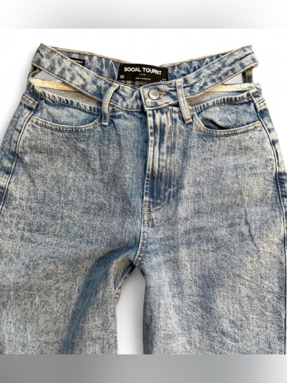 Social Tourist blue jeans Size 5 (27") with hip cutout.